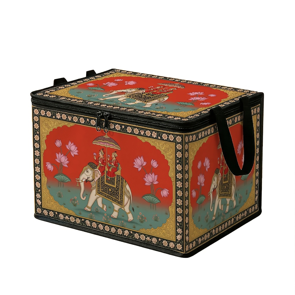 TEMU 1pc Indian Storage Box With Zippered Lid - Foldable Oxford Cloth Suitable For Bedding, Blankets, Clothes | Decorative Under-bed With Elephant