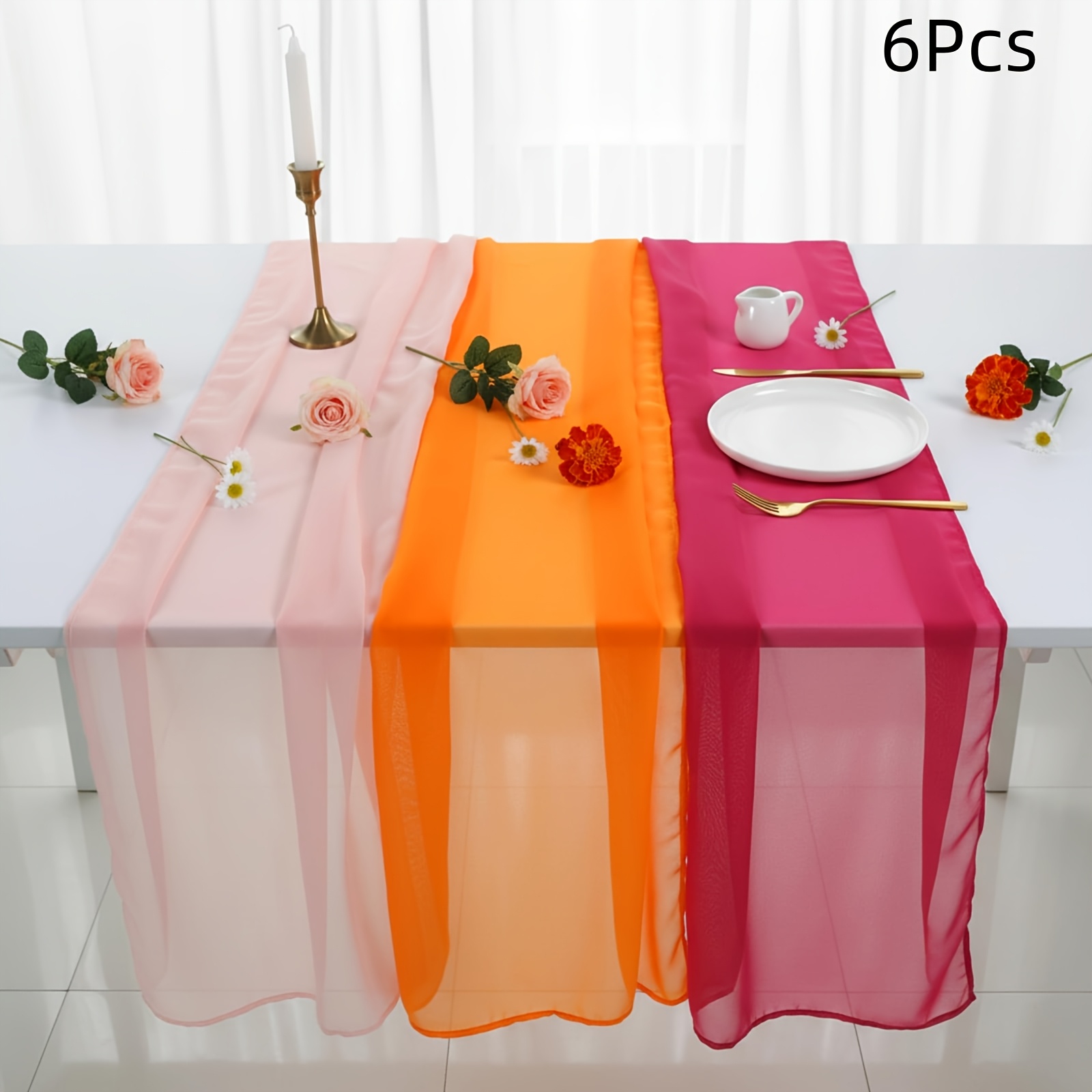 TEMU 6pcs Boho Sheer Table Runners Suitable For Fall Wedding, Baby Shower, Bridal Table Decor - Gradient Trim Tablecloth Cloth, Rustic Fabric For