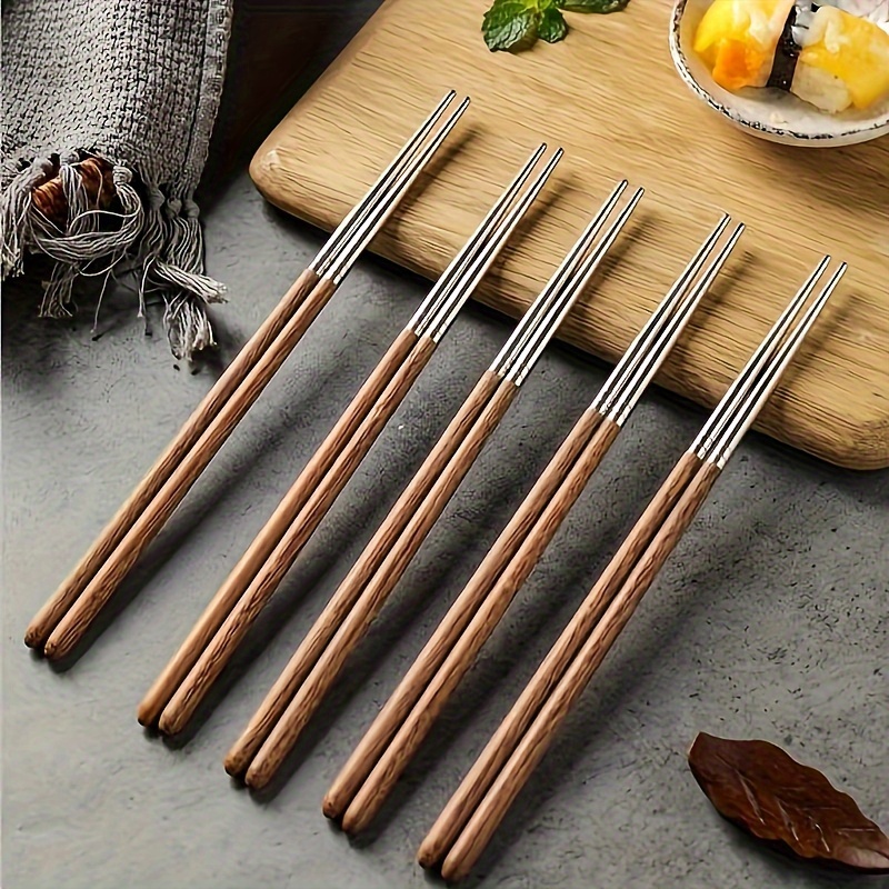 

5 Pairs, Reusable Wooden Chopsticks, Spliced Stainless Steel Chopsticks, Metal Chopsticks, Extended Japanese And Korean Chopsticks Gift Set, Tableware