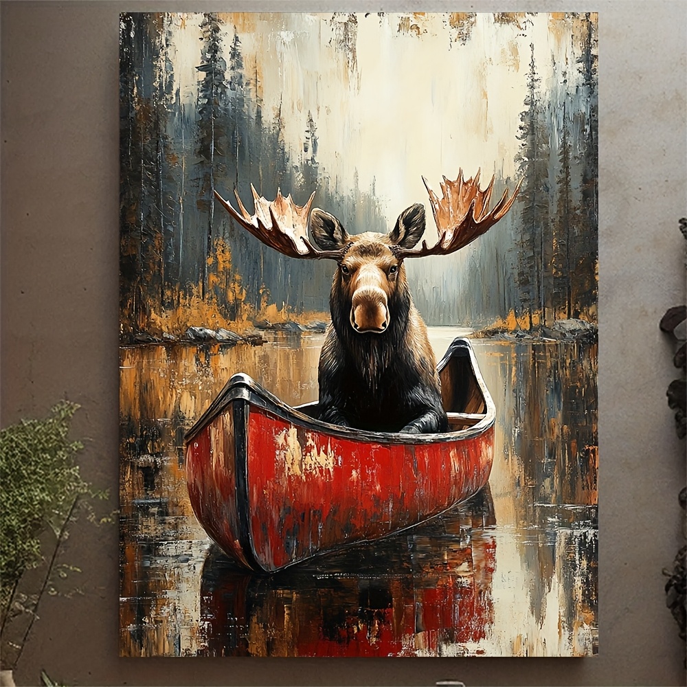 TEMU 1 pièce 12x16 Pouces Cadre Élan avec Canot Rouge Art Mural - Impression Rustique sur Cadre en Bois Recyclé, de Forêt Automnale pour Cabane,