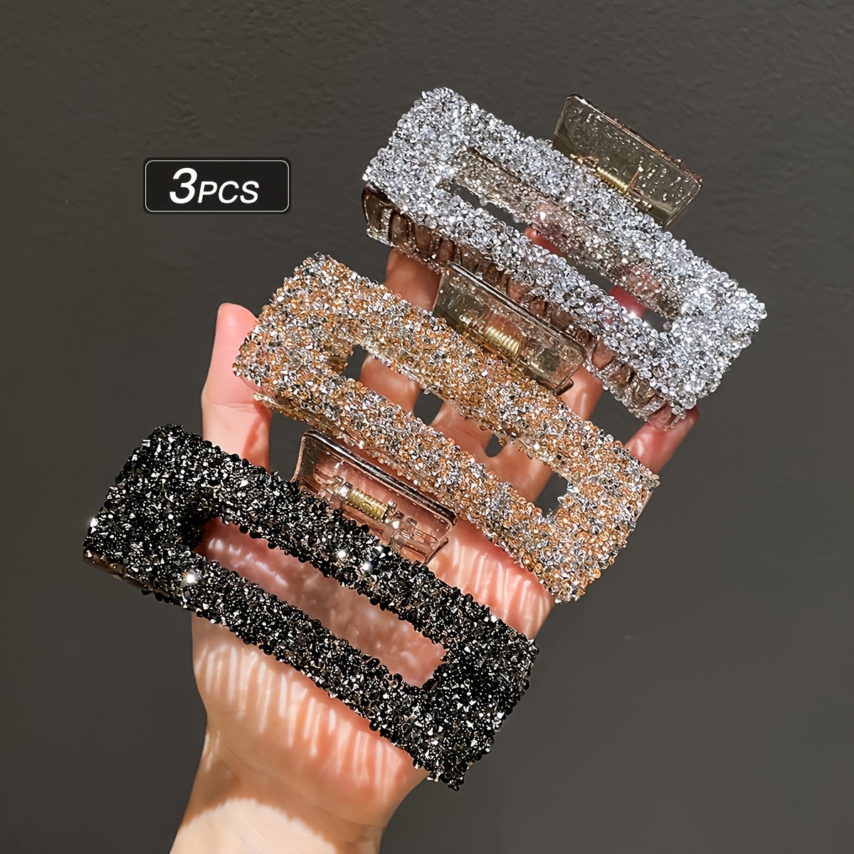Image of 3pcs Set Women' Rhinestone Hair Clips, Trendy Rectangular Hair Claws, Suitable For Wear, Multi-functional Back Hair Accessories