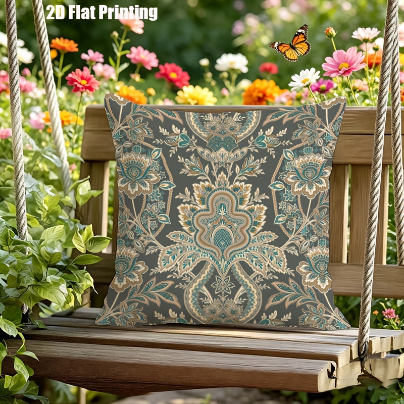 2D Flat, Terrace Cushion Cover, 1pc 18X18 Inches Square Pillow Cover, A Dark Gray Background Features an Intricate, Symmetrical Pattern with Teal, Cream, And Golden Floral Motifs, Including Large Central Blooms, Leaves, And Scrollwork