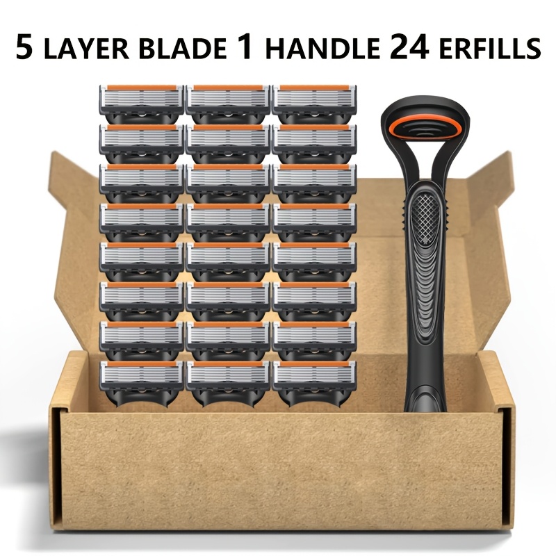 

Men's 5-layer Blade Set With 24 Reusable Blades - Smooth, Comfortable Shave For Grooming, Metal Handle