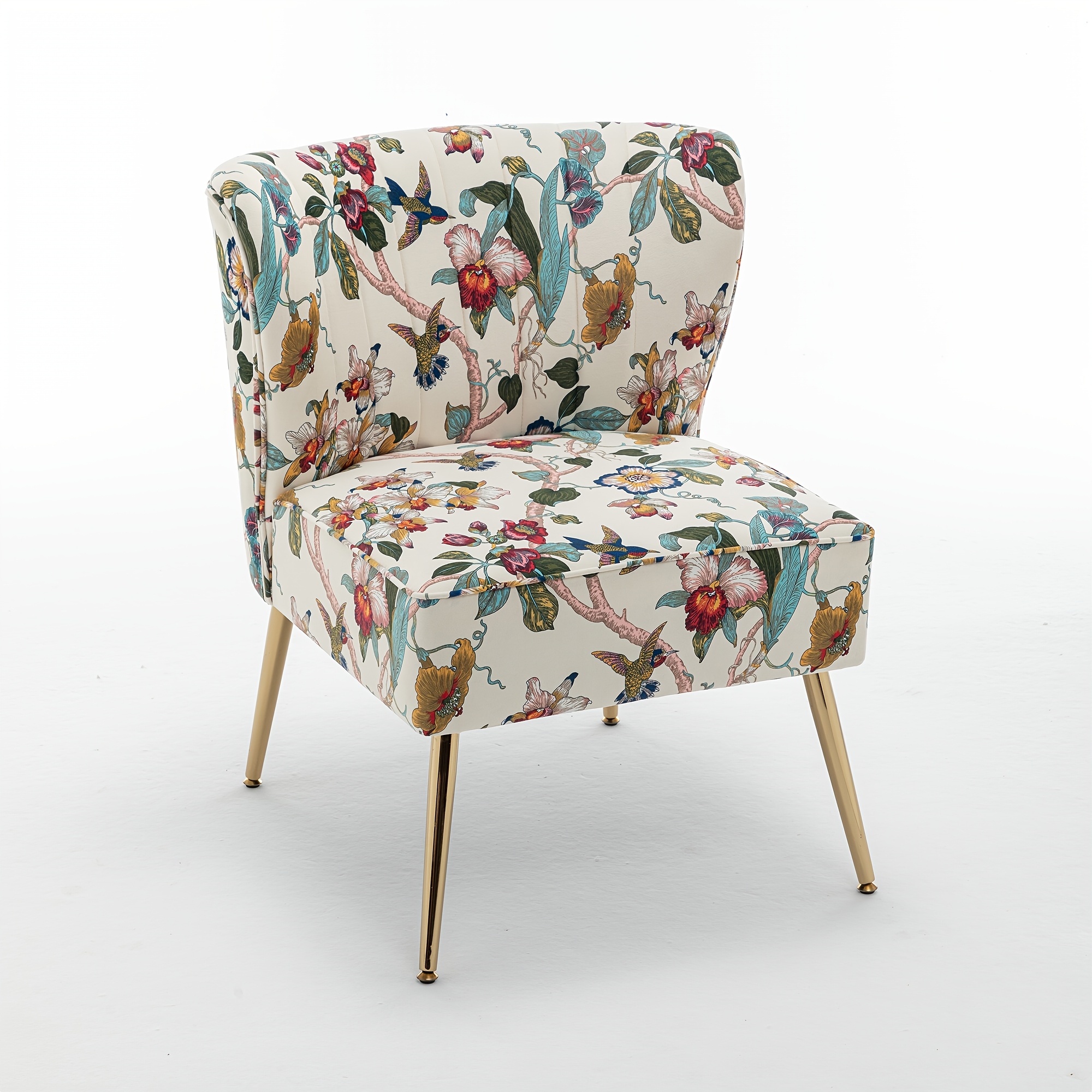 Armless Accent Chair with Golden Metal Legs, Modern Comfy Tufted Living Room Chair, Velvet Upholstered Floral Side Chair, Mid Century Slipper Chair for Bedroom, Flower Print