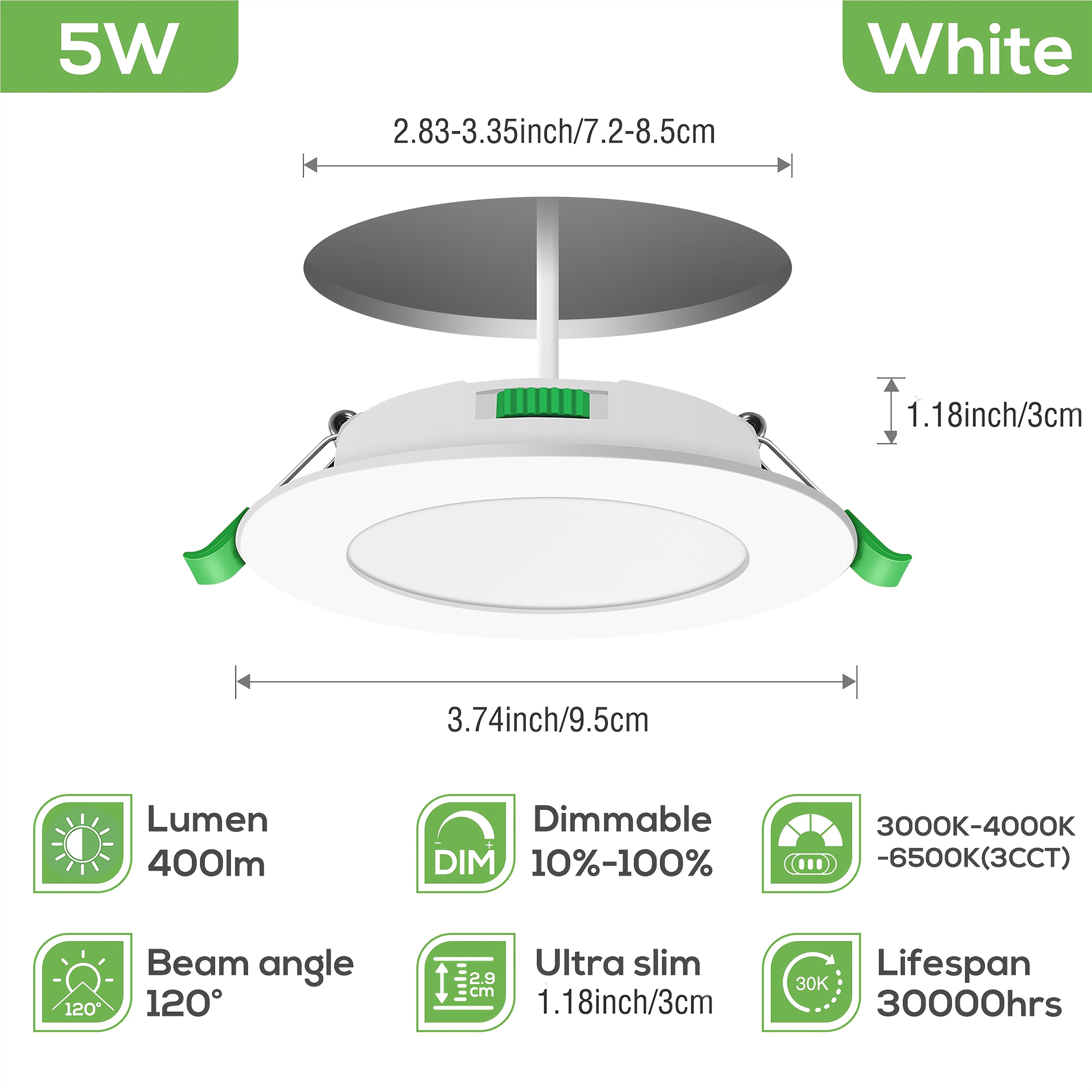 6pcs Alusso Led Recessed Ceiling Spotlights, 230v, 5 W, 72-85mm Cutout, Dimmable Ultra-flat , 3000k/4000k/6500k 3cct In One, For Kitchen, , Bedroom, Living Room
