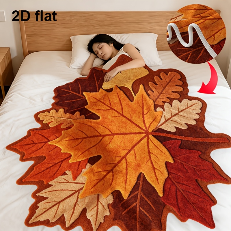 item picture 2D Flat Multi-Specification Creative Irregular-Shaped Blanket, Autumn Maple Leaf and Ginkgo Pattern Blanket - Suitable for Sofa, Outdoor, Camping, Living Room, Office, Chair, and Bed -   Printed Soft and Warm Flannel Blanket,  