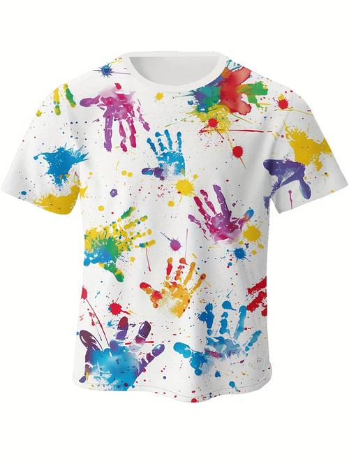 a vibrant round neck short sleeve t shirt featuring a palm print and paint splatter for casual summer wear