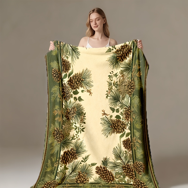 TEMU 60 X 80in 280gsm 1pc , Comfortable, Skin-friendly Flannel Blanket With Pine Cone And Pine Branch Pattern, Warm For Winter, Extra-large For 2