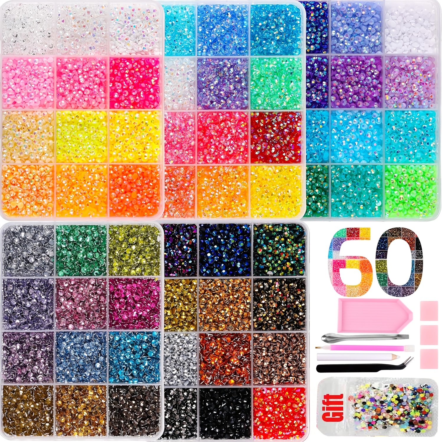 Set za bleščanje, 60 barv ploščatih okrasnih kamnov za diamantno umetnost, 3 mm okrogli ploščati dragulji, opremljen s pinceto in pisalom za