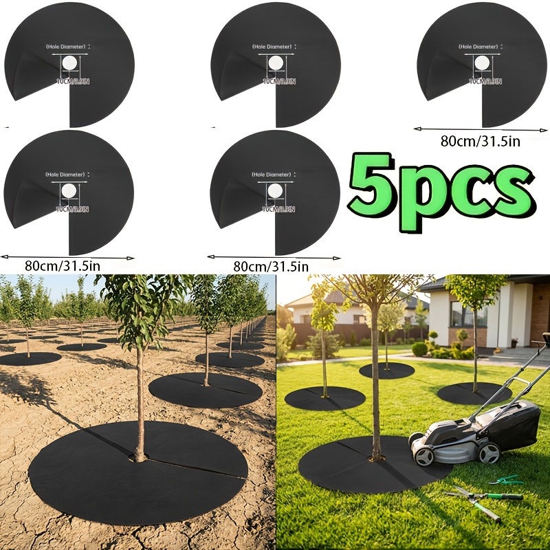 TEMU 5pcs Large Weed Barrier Fabric, Breathable & Moisture-retaining Mulch Mats For Garden Trees, Black Weed Control Cover Cloth, Ideal For Fruit