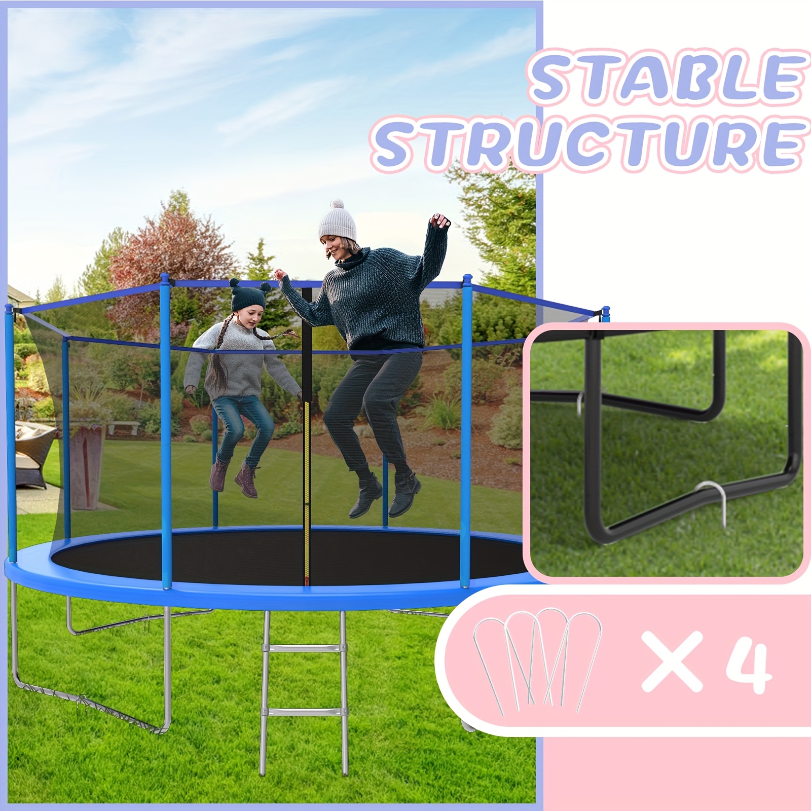 14ft/12ft/10ft Outdoor Kids Trampoline with Water Spray Device, Equipped with Safety Net and Heavy-Duty Rust-Resistant Frame, Suitable for Children and Adults, Includes Basketball Stand and Ladder Blue