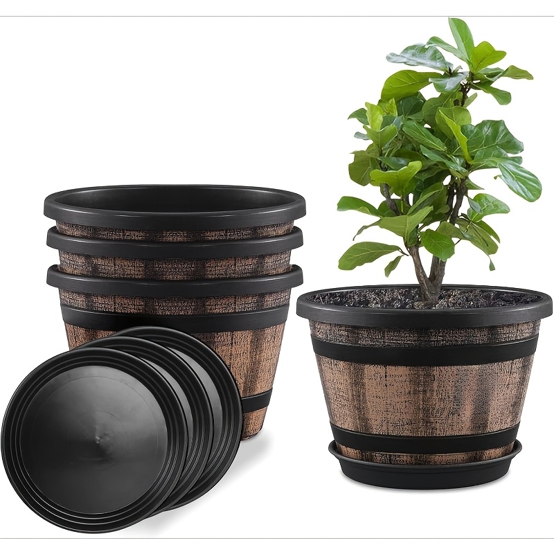 8pcs set large whiskey bucket flowerpot with drain hole and water pan plastic flowerpot with wine   like design suitable for indoor and outdoor garden home plants brown gardening gift home decor