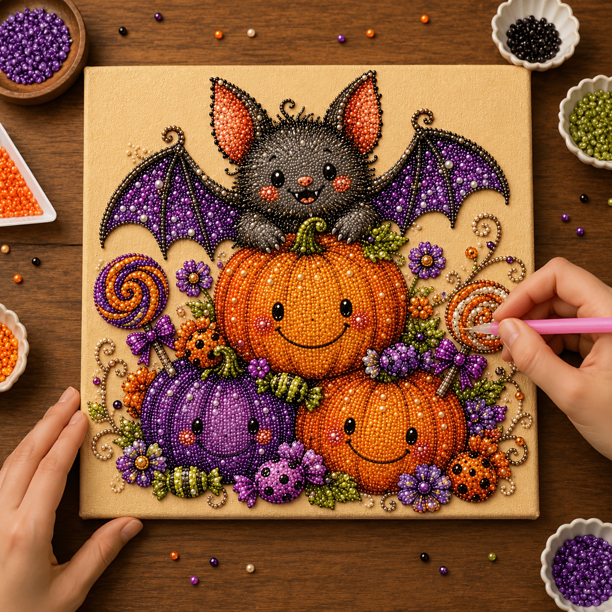TEMU Halloween Cute Bat Pumpkin Shaped Diamond Painting Kit, Purple-orange Lollipop Floral Pearl Sticker Diamond Canvas Material Bag, Full Set Of