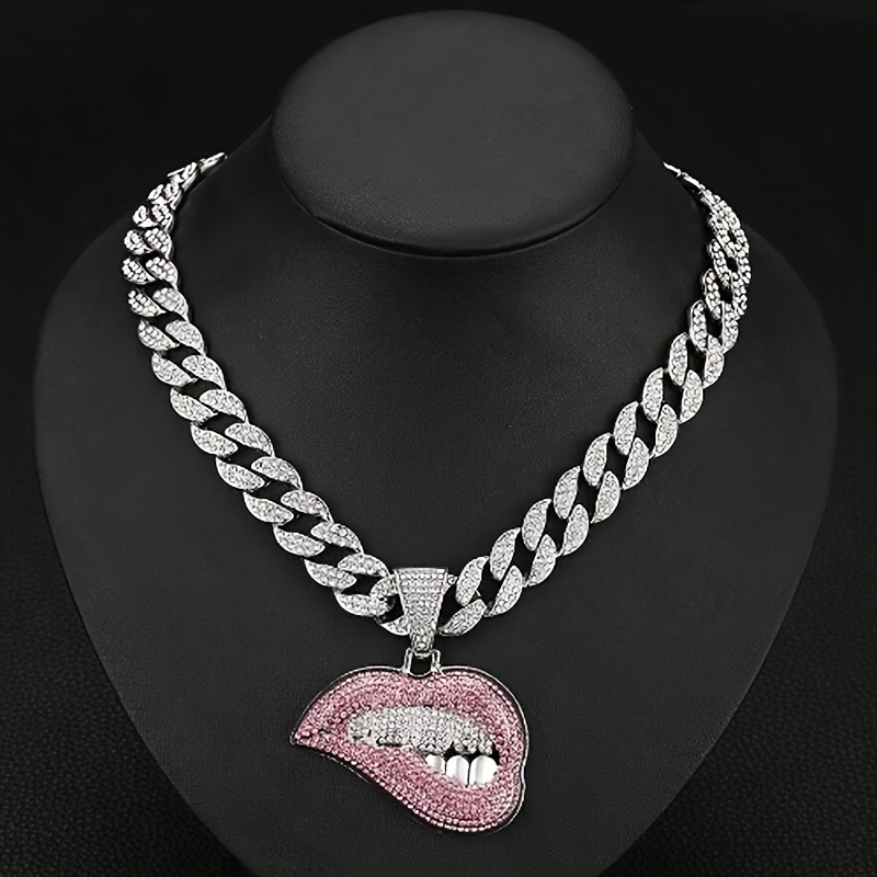 

1 Men's Large Chain Necklace, Exaggerated, Sexy, Lip Biting, Hip-hop, Personalized And Creative Hip-hop, Pink Cuban Chain Necklace Pendant