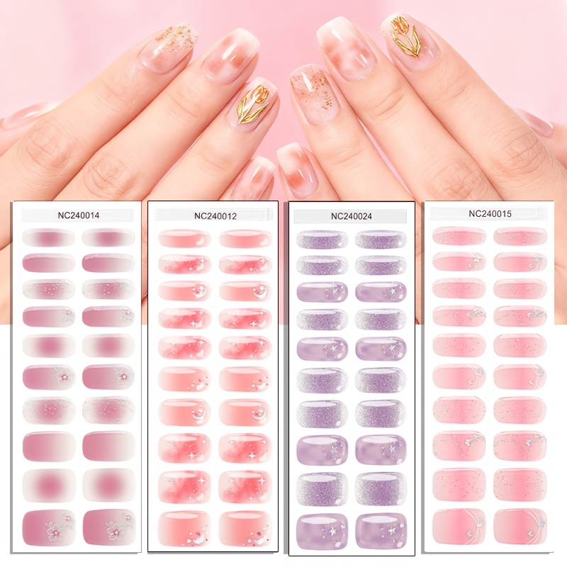 Image of 4 Sheets Semi-cured Gel Nail Wraps, Fresh And Pink Gradient Floral Glitter Nail Sticker, With Golden Sequins Halo Design, Sweet And Exquisite
