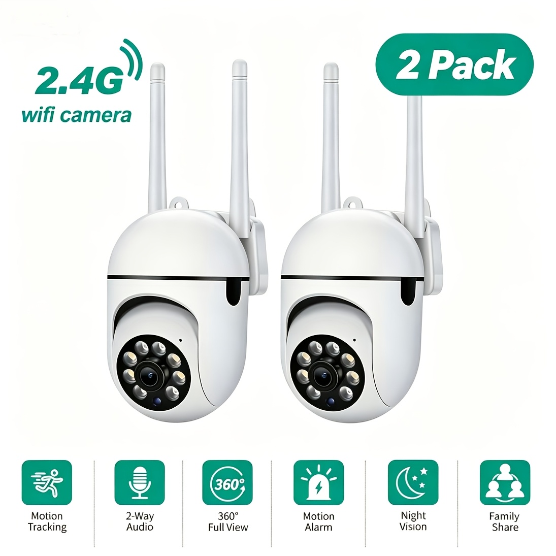TEMU 2 pezzi Telecamera PTZ da esterno Wifi 2.4Ghz, 355簞 e Inclinazione 90簞, 3 Modalit� di Visione Notturna: a Colori/Intelligente/IR, Avvisi di ,