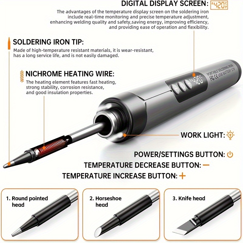 קיט ריתוך נטען באמצעות USB עם מסך דיגיטלי, חומר סגסוגת, כלי ריתוך נייד קטן בעל   של 8W לתיקון אלקטרוניקה ביתית, תיקון PCB, פרויקטים DIY עם תיל ריתוך, משאבת פינוי רוזין – התאמת טמפרטורה, תכונת ההתעוררות, ללא סוללה, תואם למחשבים ושולחנות עבודה פרטים 1