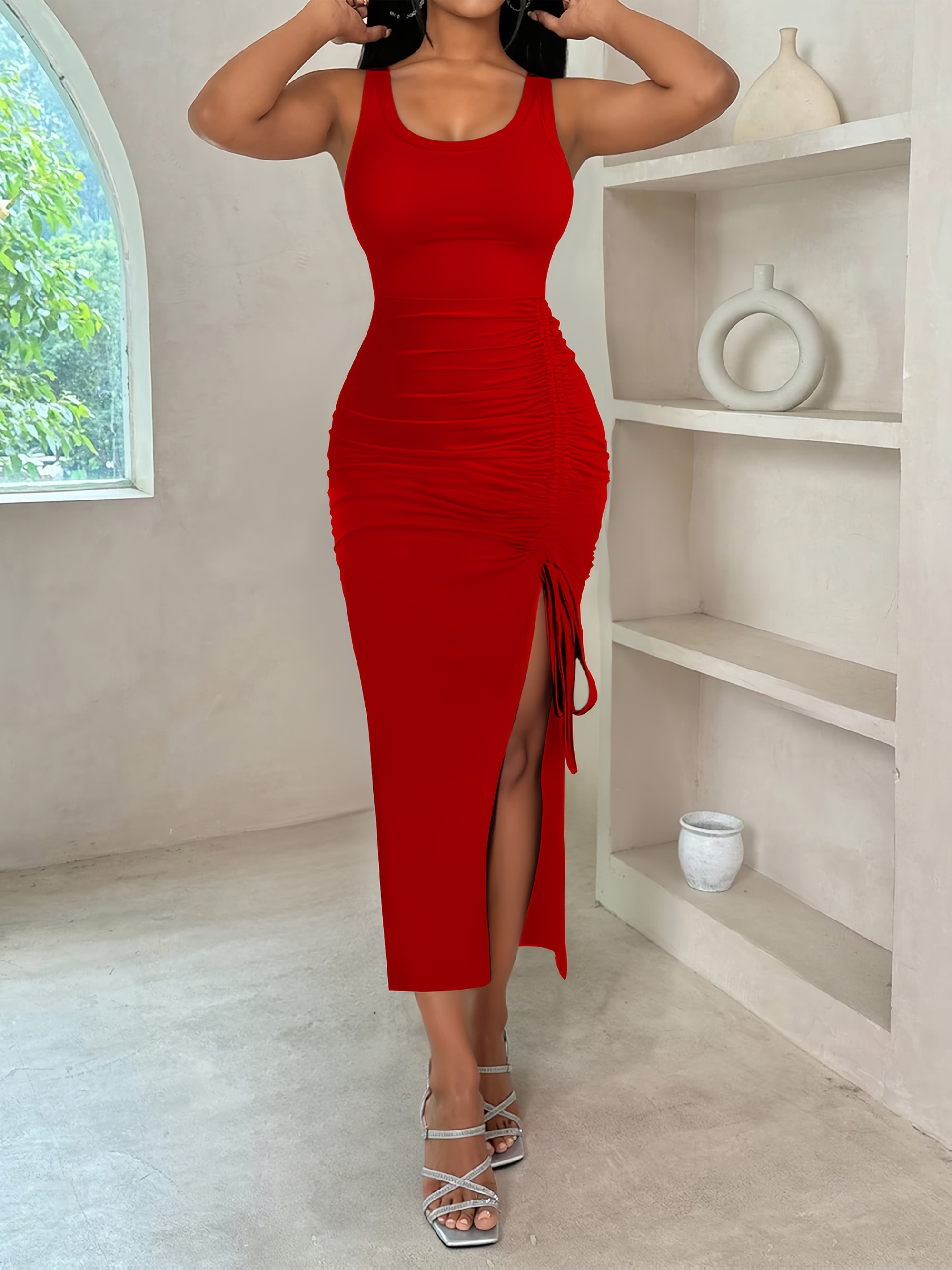 elegant summer drawstring design high slit dress tight