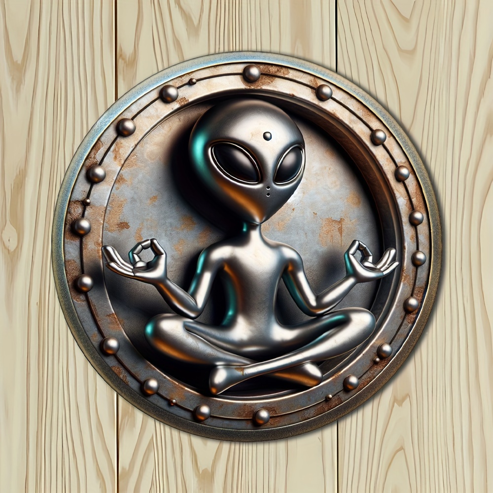 

Metal Wall Art, Round Vintage Extraterrestrial Meditation Decorative Aluminum Sign - Home Decoration, Unique Sci-fi Theme Decor