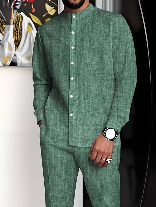 mens minimalist business suit featuring a stand collar long sleeved button up shirt and pants with solid color and exuding a minimalist and elegant charm suitable for business meetings and casual business attire office wear minimalist suit durable fabric twopiece set longsleeve shirt corporate professionals