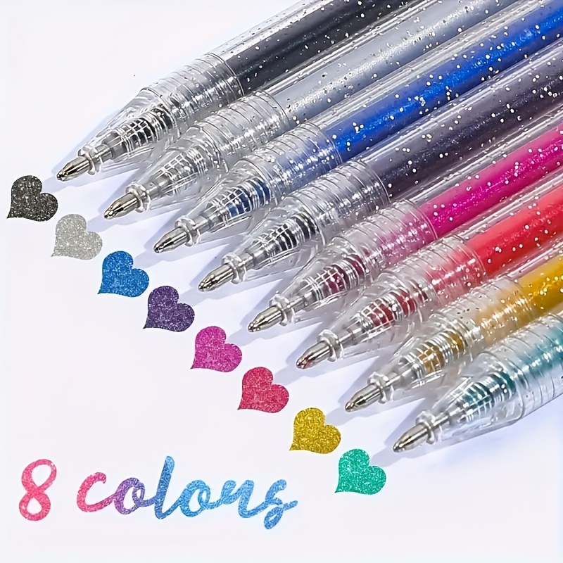 8pcs Glitter Ballpoint Pen Set, Suitable For Writing, Drawing, And Decoration, Plastic Medium 1.0mm, Shiny Ink Pen, Ideal For Journals, Scrapbooks, And Art Projects