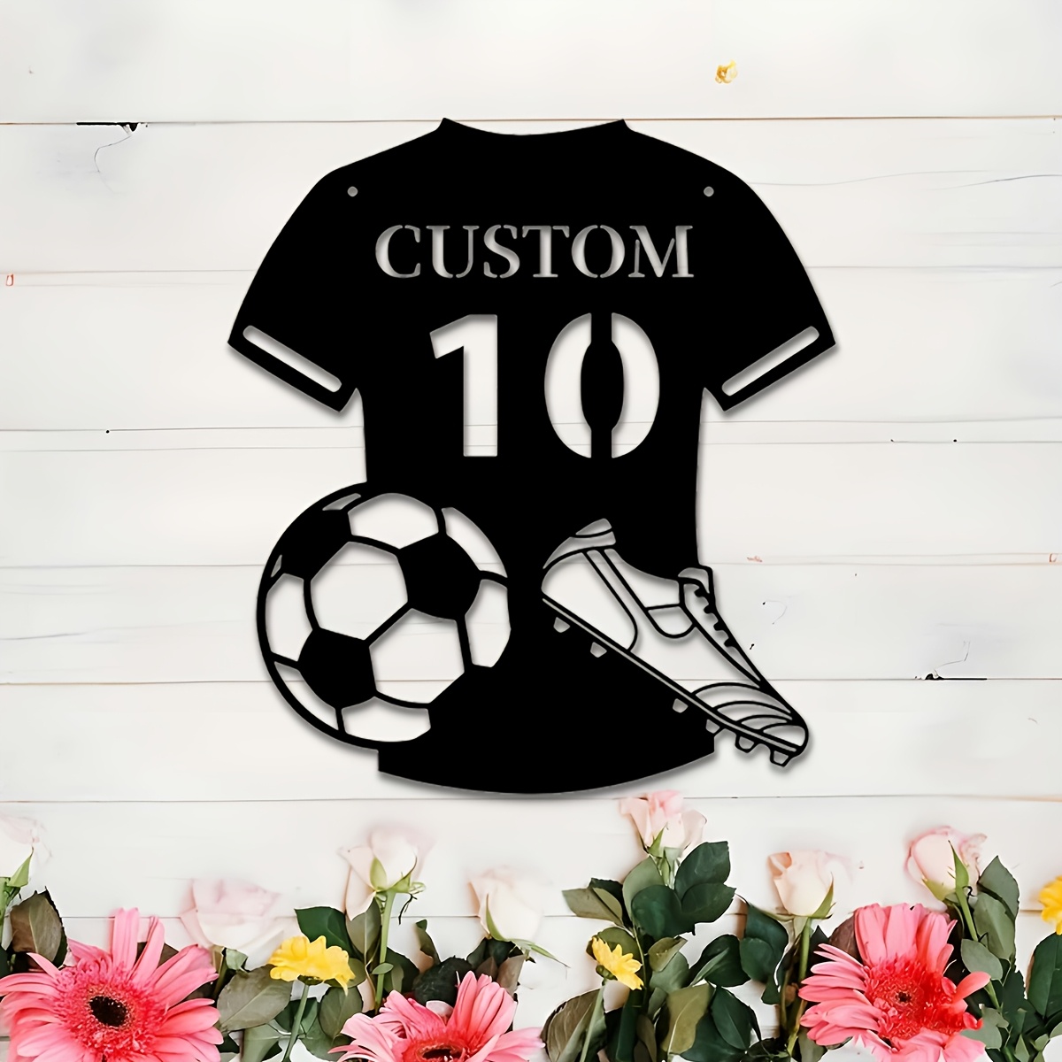 

Customizable Soccer Jersey And Sneaker Metal Wall Art - Personalized Name Sign, Black Sports Shirt Design With Soccer Ball Detail, Ideal For Living Room, Porch, Patio Decor Or Gift