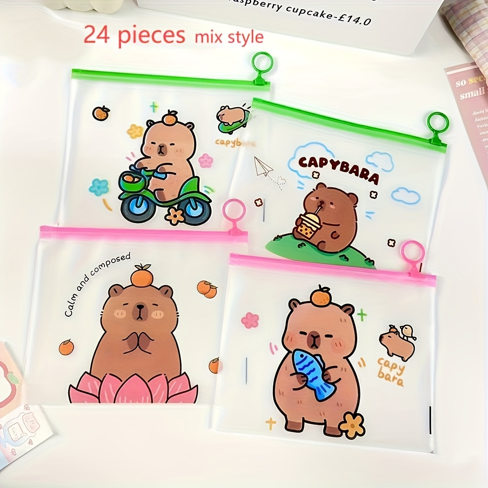 Image of 24pcs Capybara Cartoon Pvc File Bags | Transparent Frosted End With Colorful Zip Closure | Multi-use Office Organizer For Documents Stationery | Bear Designs | Durable Versatile Storage
