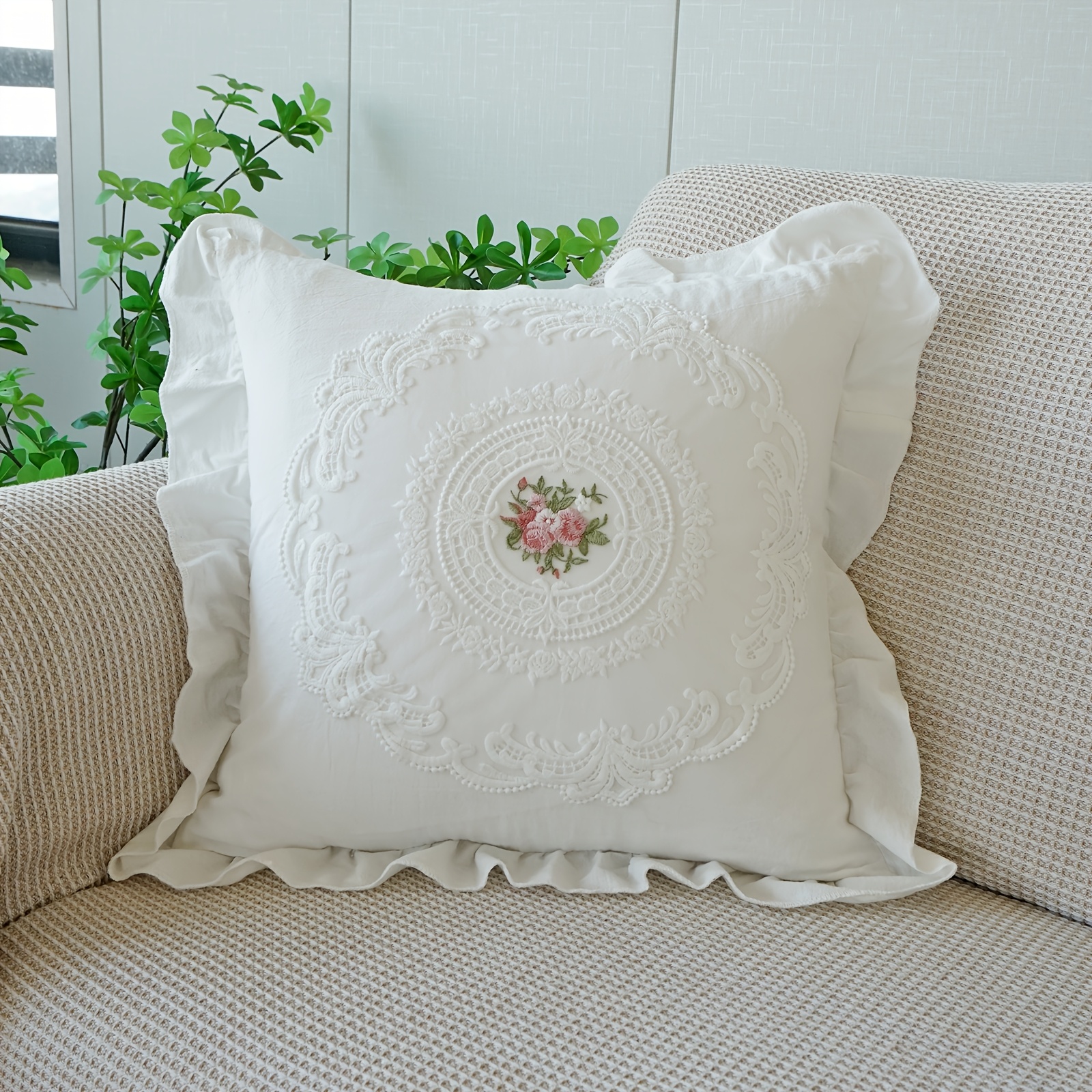 A Lace Hem Pillowcase, Ins- Square Throw Pillow, Lumbar Pillow, Sofa Cushion, Bedroom Backrest Pillow