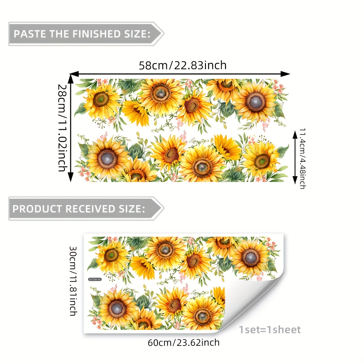 E-shop 30*60 cm Sonnenblumen-Blumenmuster Fensterfolie, 20-mil, beidseitig Glasdeko für Wohnzimmer, Schlafzimmer, Badezimmer, abziehbar DJ7558-NL