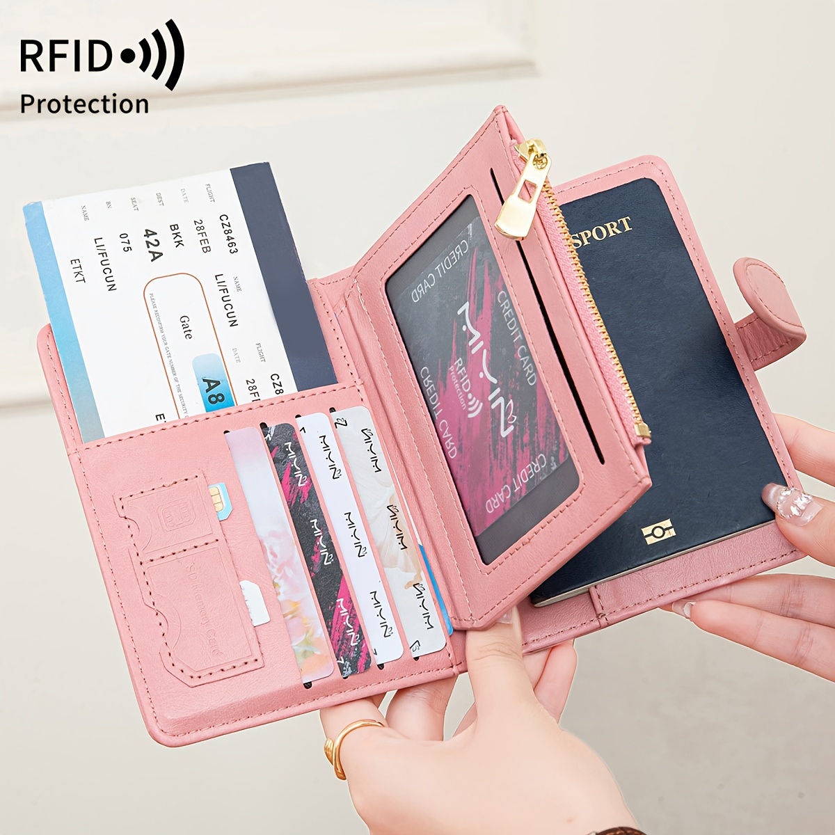 

Porte-Passeport Élégant MIYIN avec Protection RFID et Plusieurs Emplacements pour Cartes, Portefeuille de Voyage en Similicuir Rose