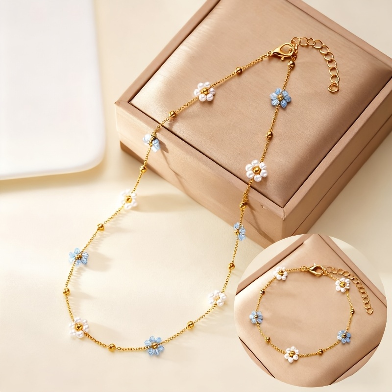 Image of 2pcs Korean Style Beaded Steel Ball Bracelet & Necklace Jewelry, Women's Jewelry, Small Flower Necklace, 18k Gold-plated Titanium Steel Light Luxury High-end Floral Pearl Necklace