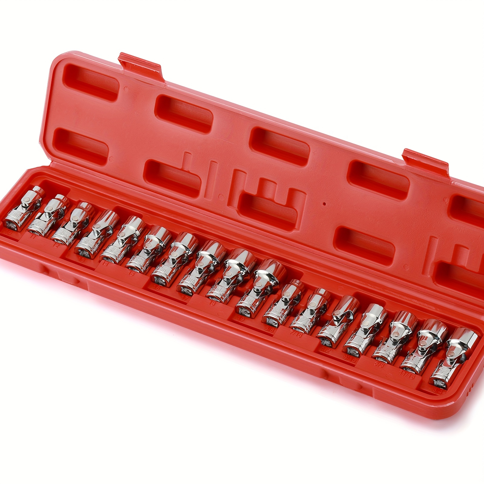 17pcs 3 8 dr universal joint socket set sae metric 3 8 to 3 4 10mm to 19mm 6 point cr v swivel head 360 degree access swivel socket with flexible wobble 17pcs 3 8 drive universal flex socket set
