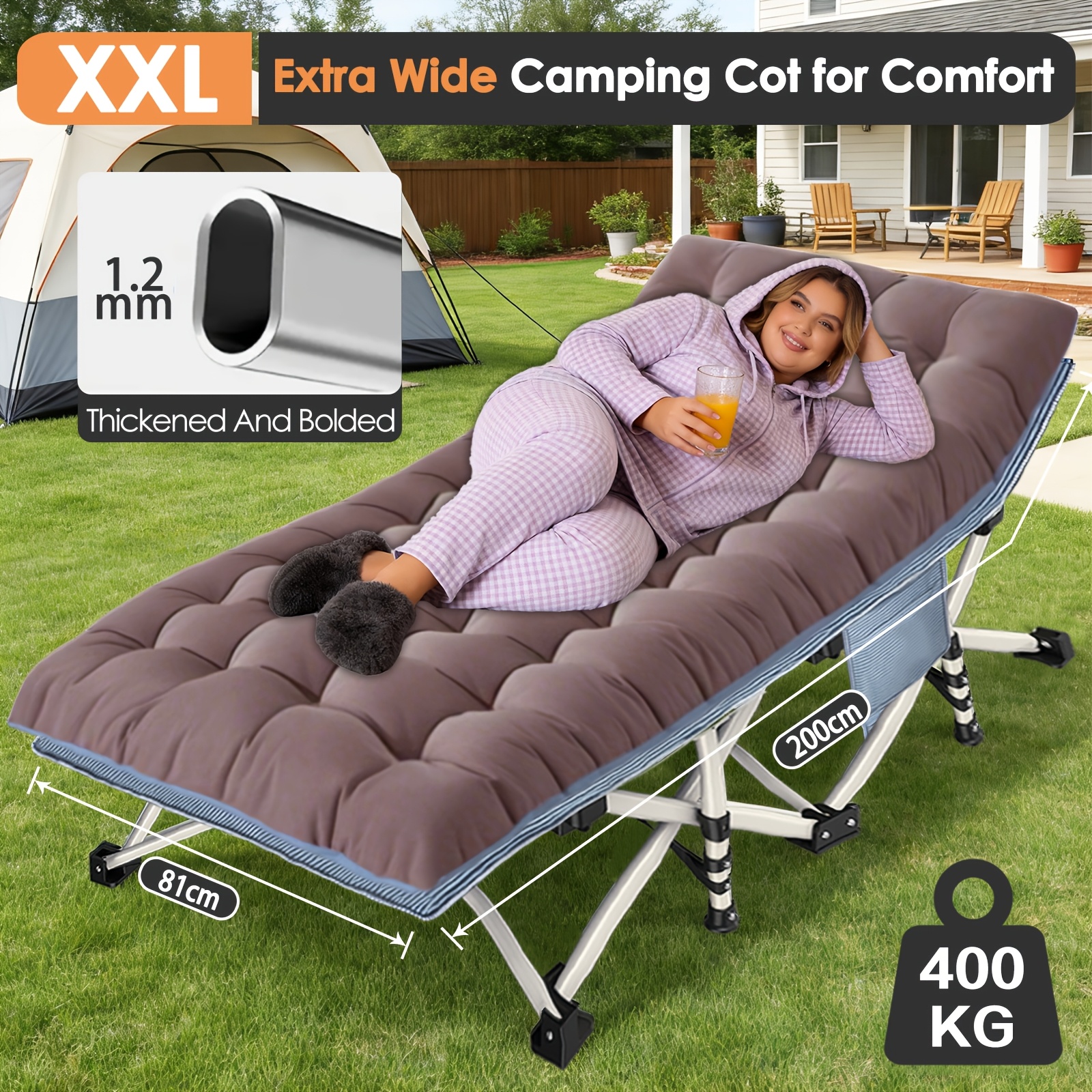 Image of Folding Camping Cot Black, Sleeping Cot For Adults With Carry Bag, Mattress, 1200d Layer Oxford Portable Camp Bed Cot Bed For Guest Beach