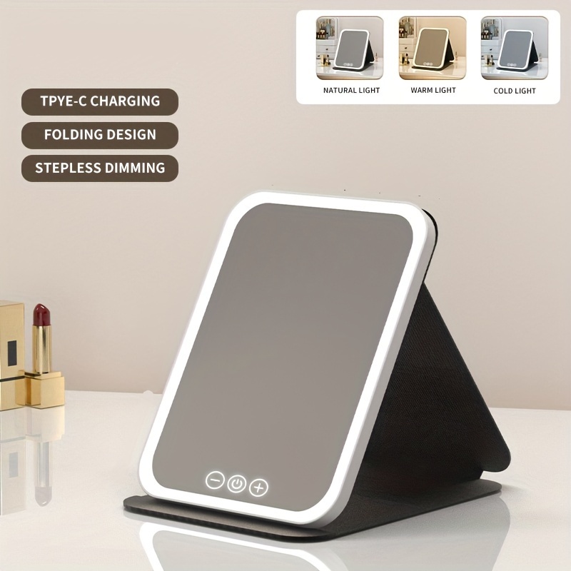 TEMU Makeup Mirror With Lights, Portable Folding Lighted Beauty Mirror, 3 Color Lighting, Dimmable Touch Screen, Rechargeable Tabletop Led Cosmetic Vanity Mirror