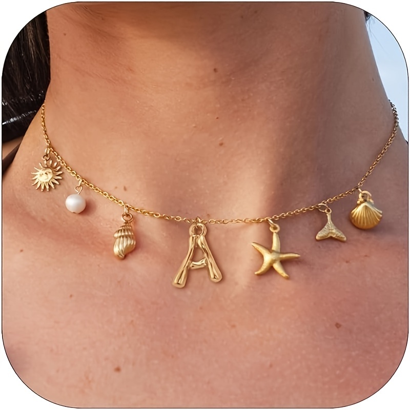 Image of Golden Initial Charm Necklaces For Women, Boho Surfer Beach Letter Necklace A-z Pendant Alphabet Choker Necklace Personalized Monogram Name Necklace Beach Jewelry For Women Gift