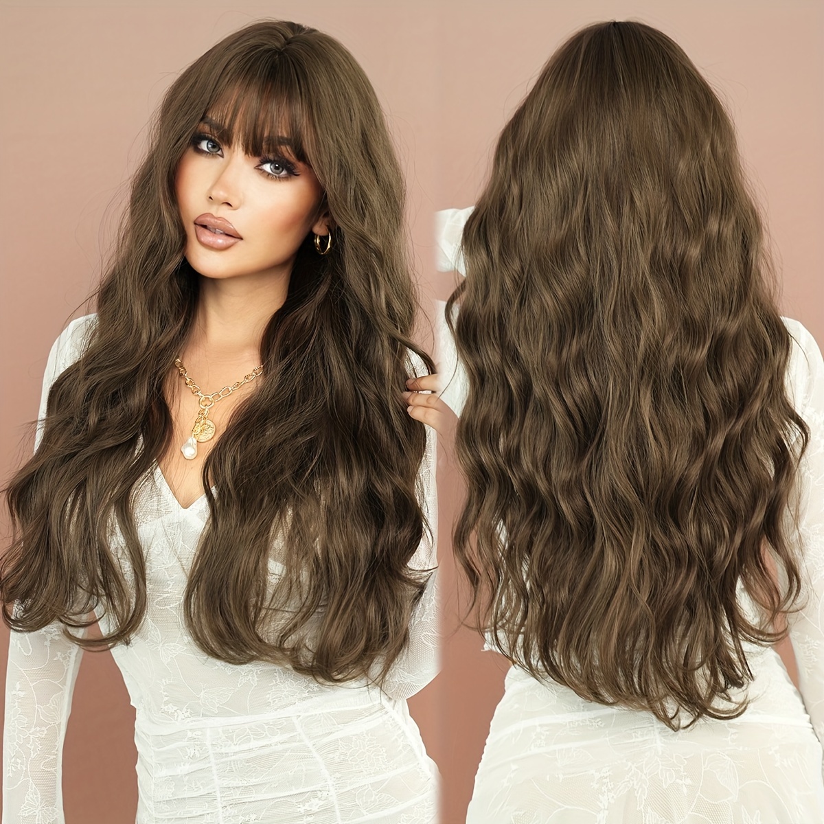 Image of Long Loose Brown Wigs For Women Daily Use High Density Synthetic Hair Wigs With Air Bangs Beginner Friendly 30 Inches