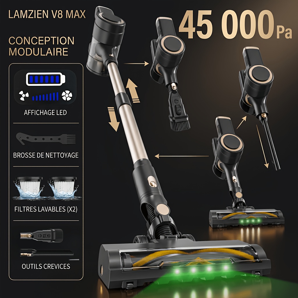 LAMZIEN Brezžični sesalnik V8MAX 45000Pa močno sesanje 45 min dolga življenjska Zelena LED luč Krtača proti zapletanju Dlakami hišnih