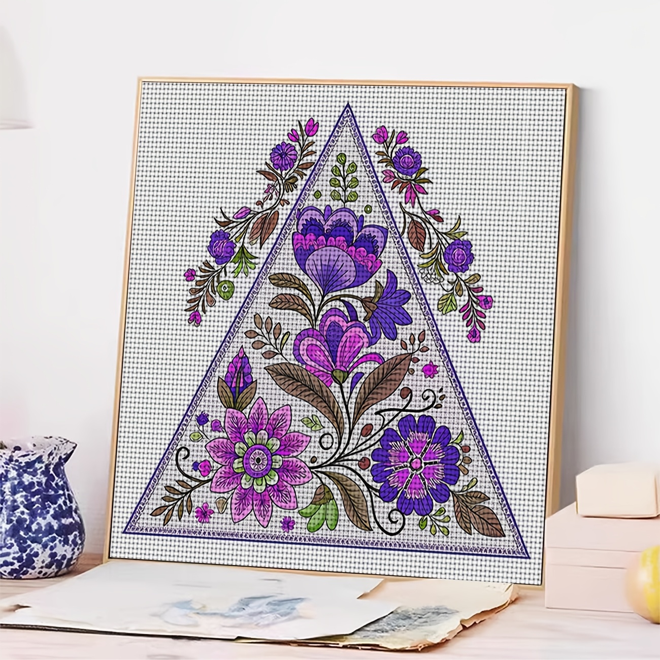 Cross Stitch Printed Kit, Triangular Purple Flower Decorative Pattern