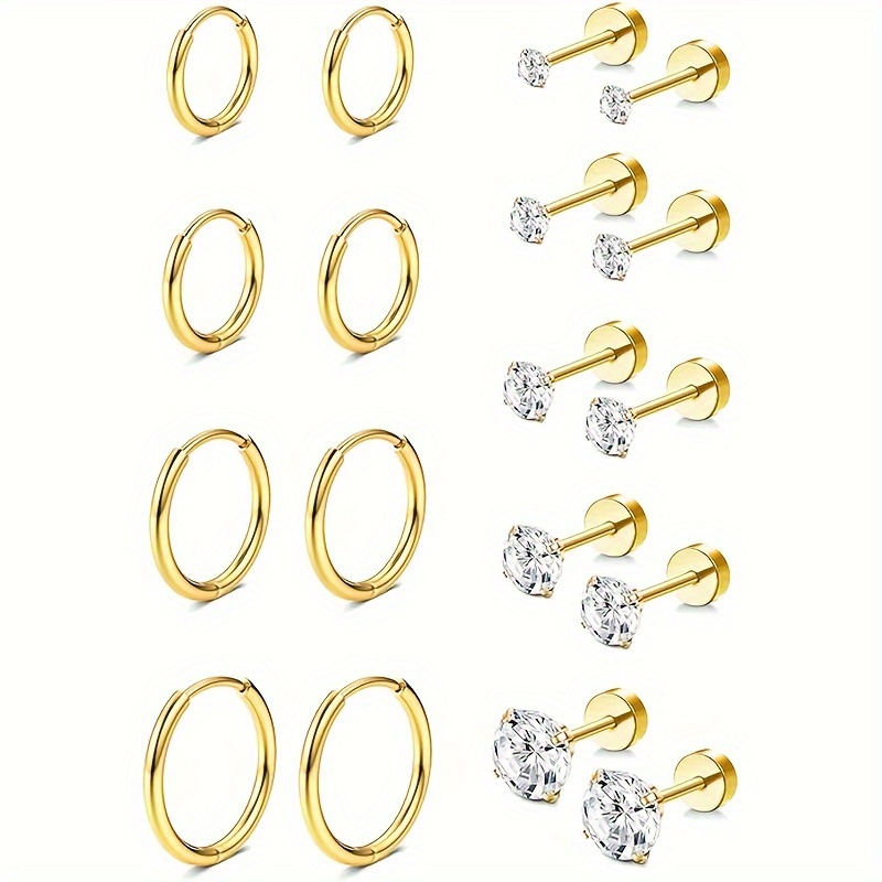 Image of 9 Pairs Of Stainless Steel Hypoallergenic 4 Pairs Of Hoop Earrings + 5 Pairs Of Different Sized Ear Studs, Suitable For Women' Wear (multi-piece Set)