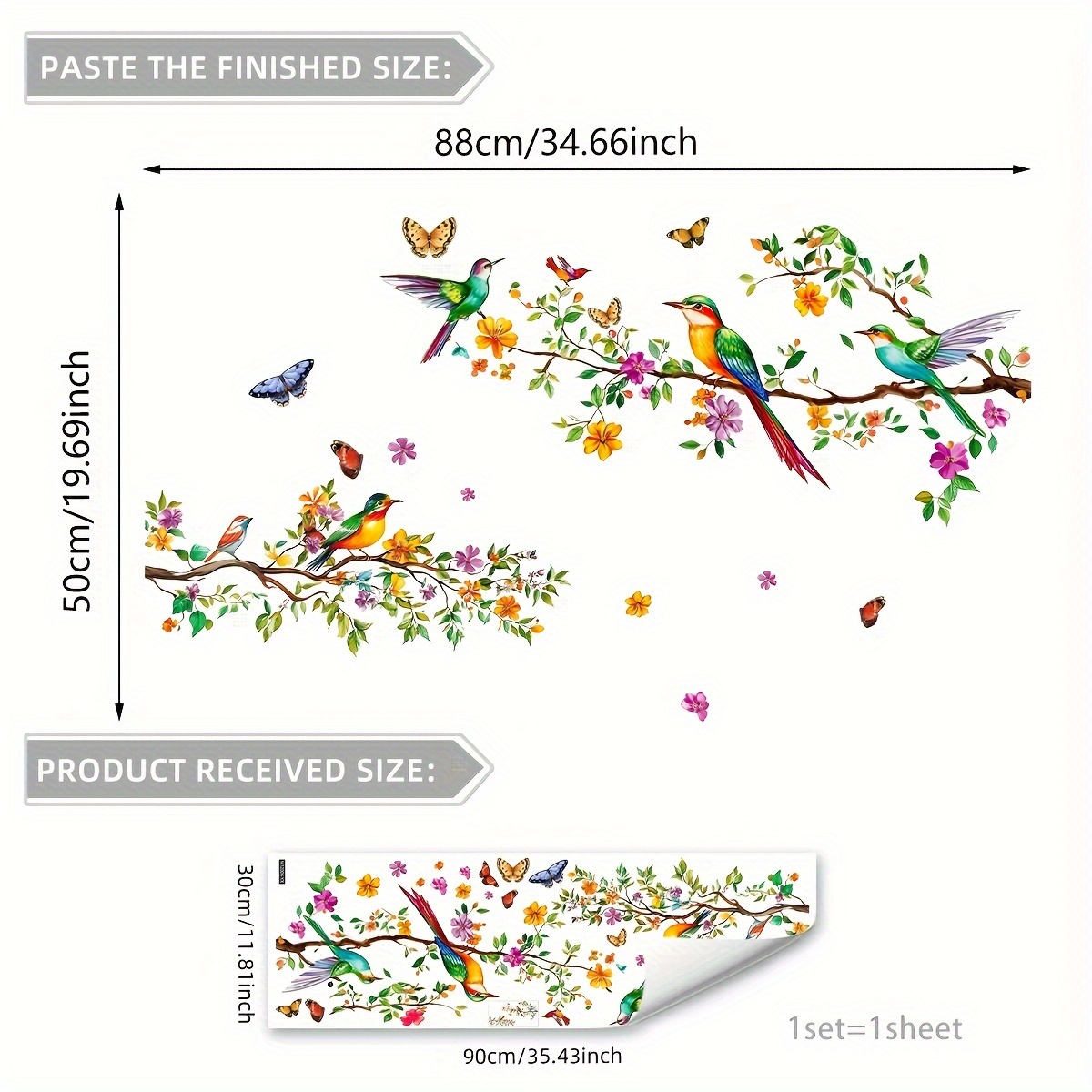 Image of A Colorful Wall Sticker Featuring Flowers, Birds, And Butterflies (30*90cm) For Decorating Bedrooms And Living Rooms, Self-adhesive And Removable (m12006-yx)