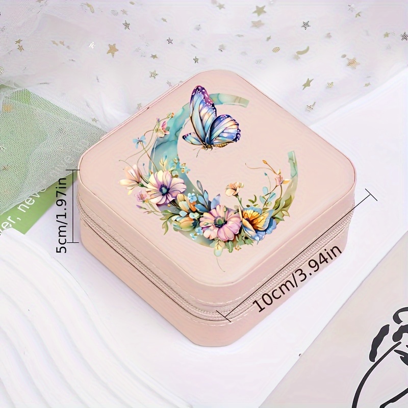 Floral Letter Personalized Mini Travel Jewelry Storage Case - Portable Jewelry Organizer Box with Compact Design, Soft Velvet Interior, And Secure Closure - Perfect for Women On-The-Go, Travel, And Storage of Small Additions