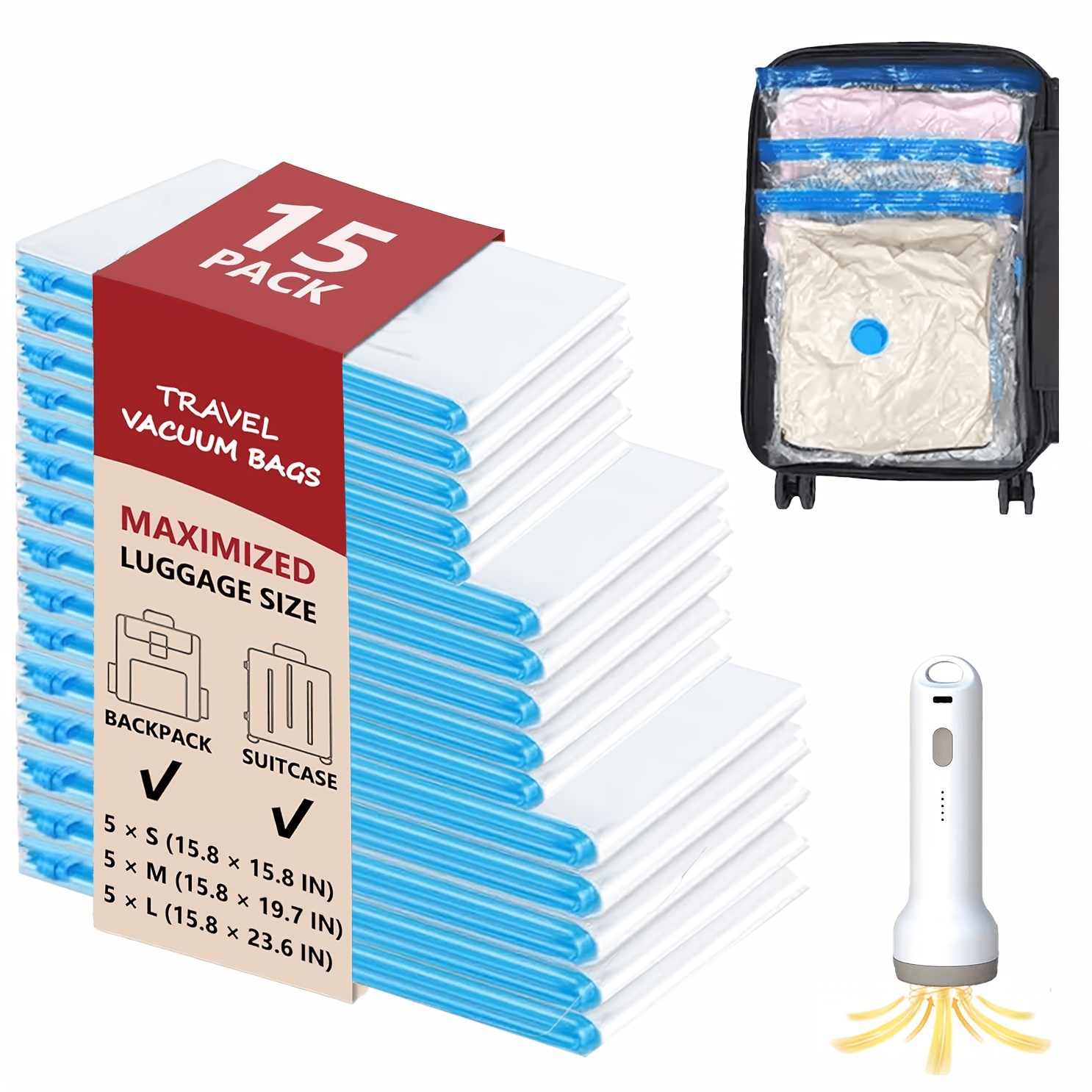 TEMU Lot de 9/12/15 sacs sous vide de voyage avec pompe rechargeable, sacs de compression pour bagages à main et valise, sacs sous vide pour
