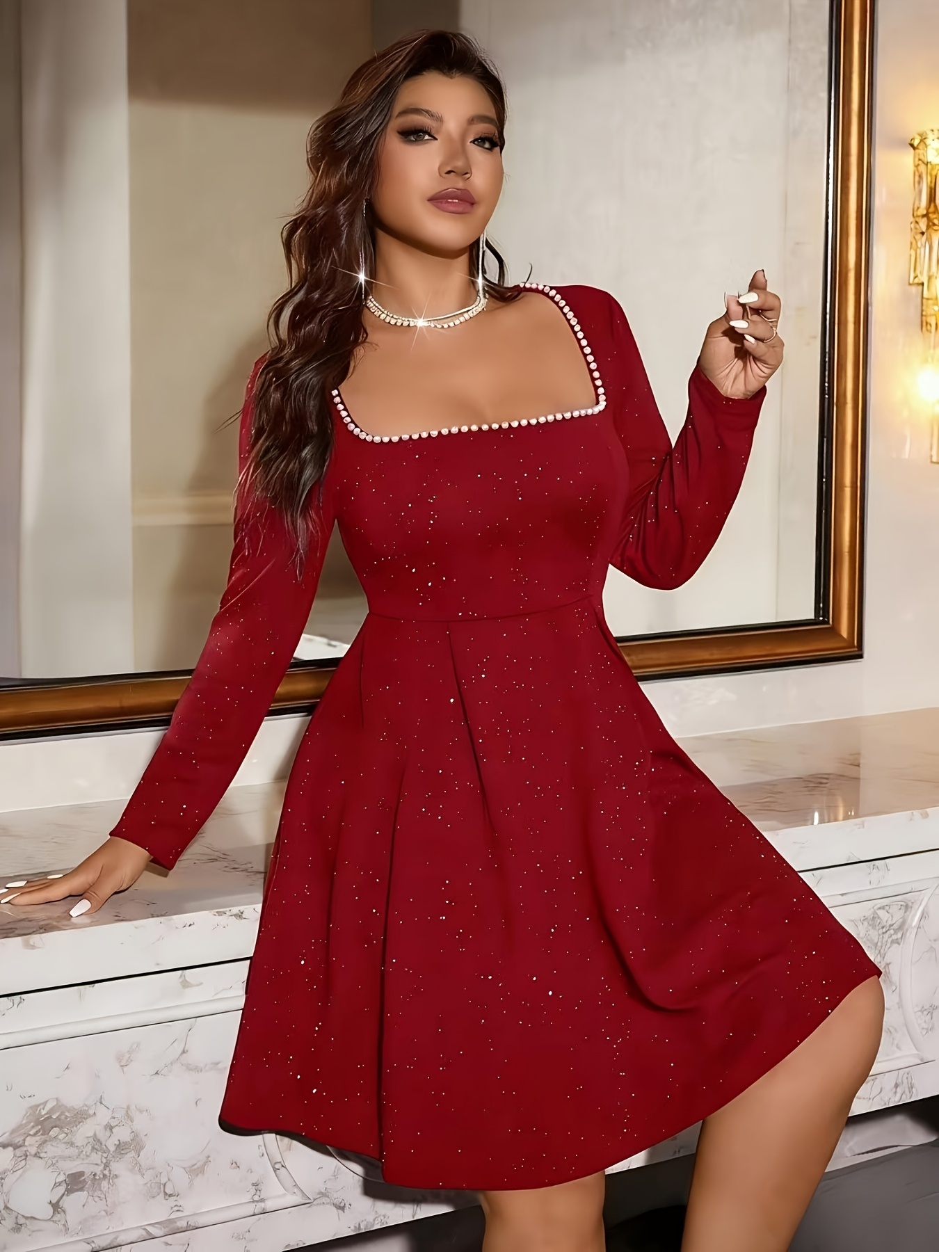 red dress with pearl sold on Temu United States