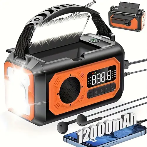 12000mah emergency weather radio hand crank radio solar radio portable am fm radio with 2 solar panels 3 charging sos alarm 3 flashlight mobile phone charger compass reading light