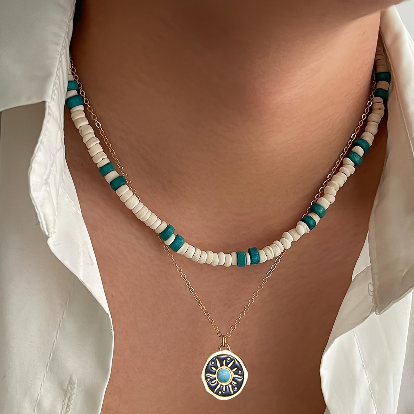 Image of 2pcs Stylish Synthetic Turquoise Sun Pendant Classic Men's Necklace Neck Chain Versatile And Design- Layering Jewelry Suitable For Daily Wear