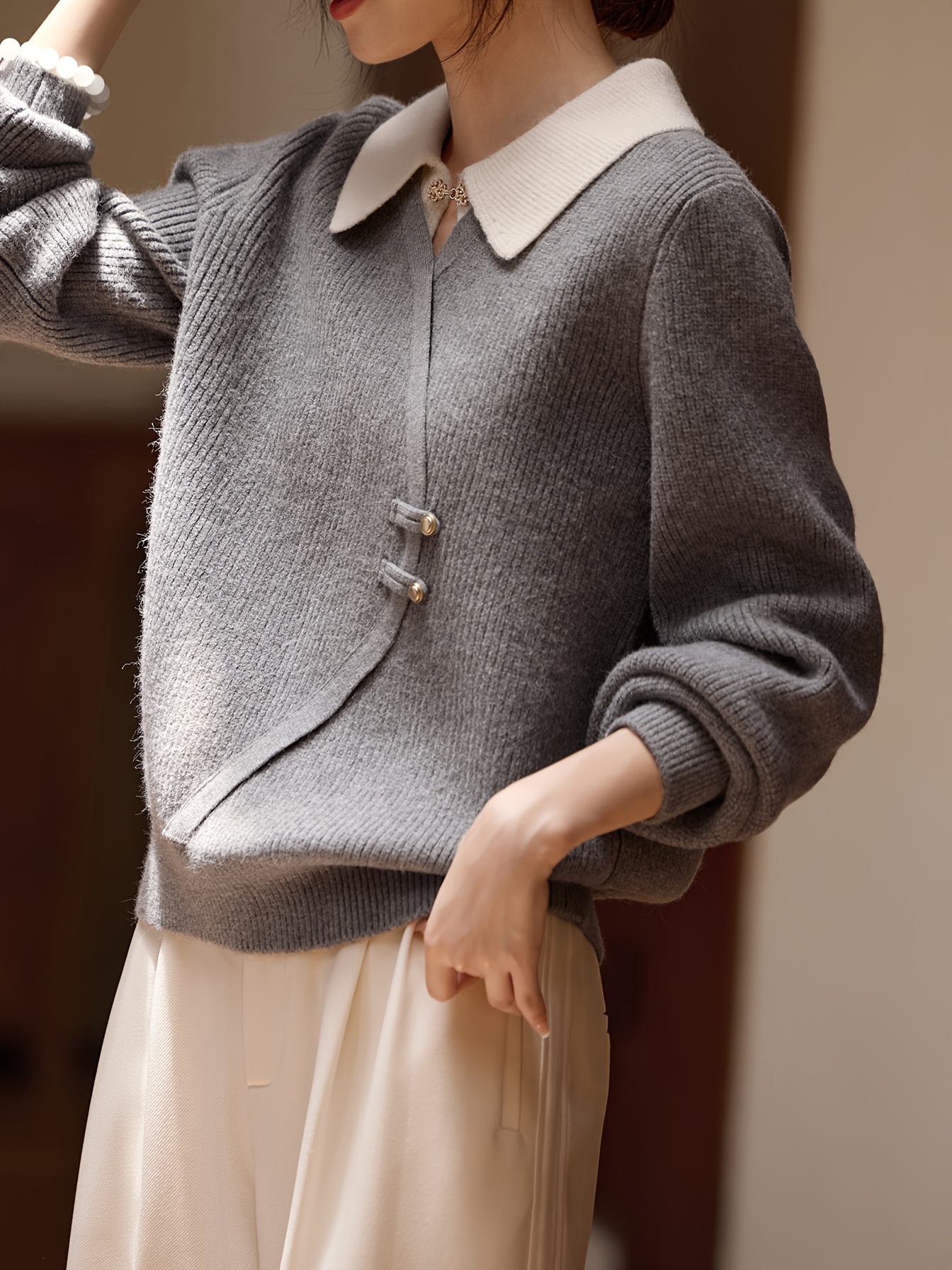 xwi women's elegant contrast collar mock layered sweater Temu