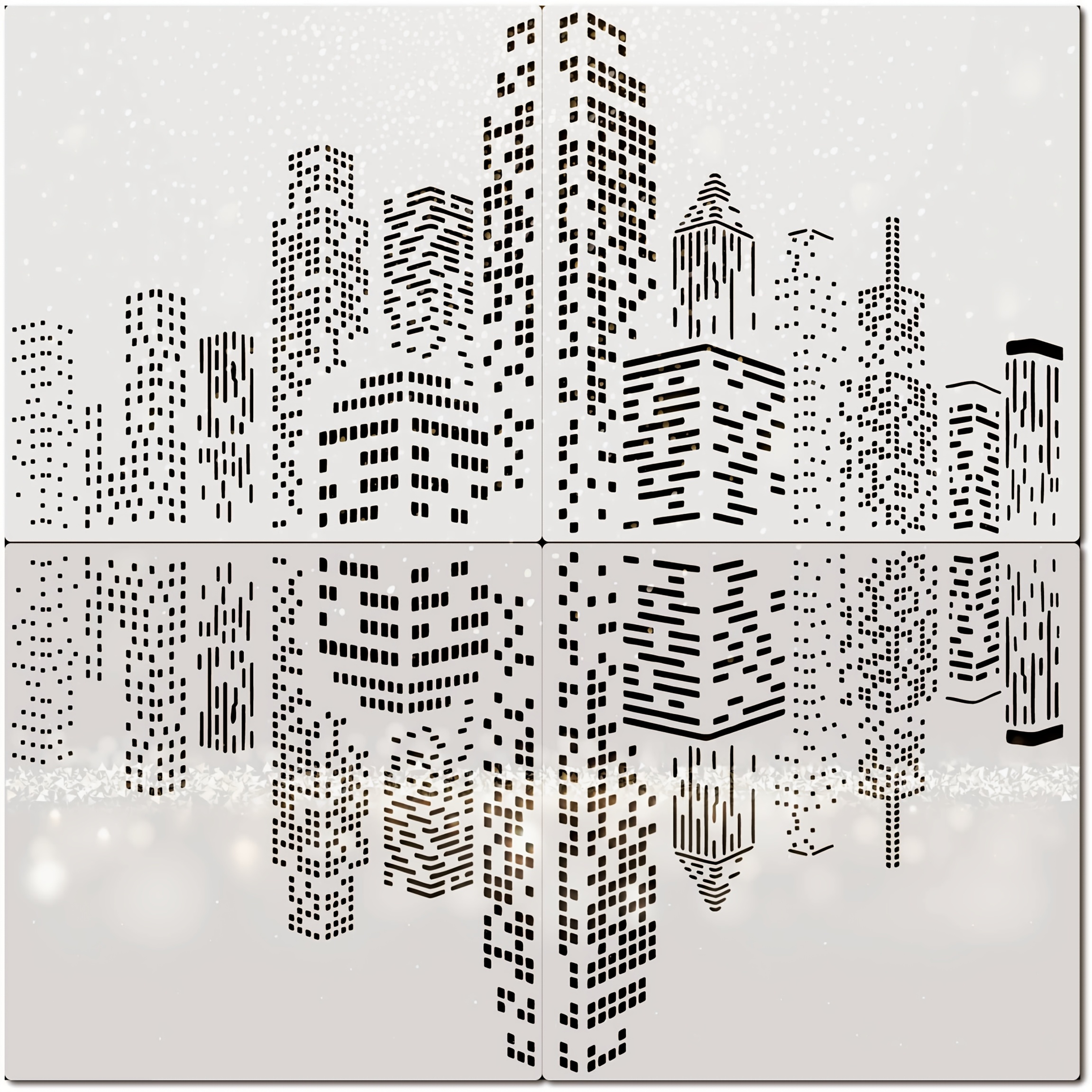 Image of Set Of 2 Reusable Stencils Featuring A City , 14x14 Inch Large Modern Plastic Template For Walls, Wood, Canvas, Art Projects, And Home Decor
