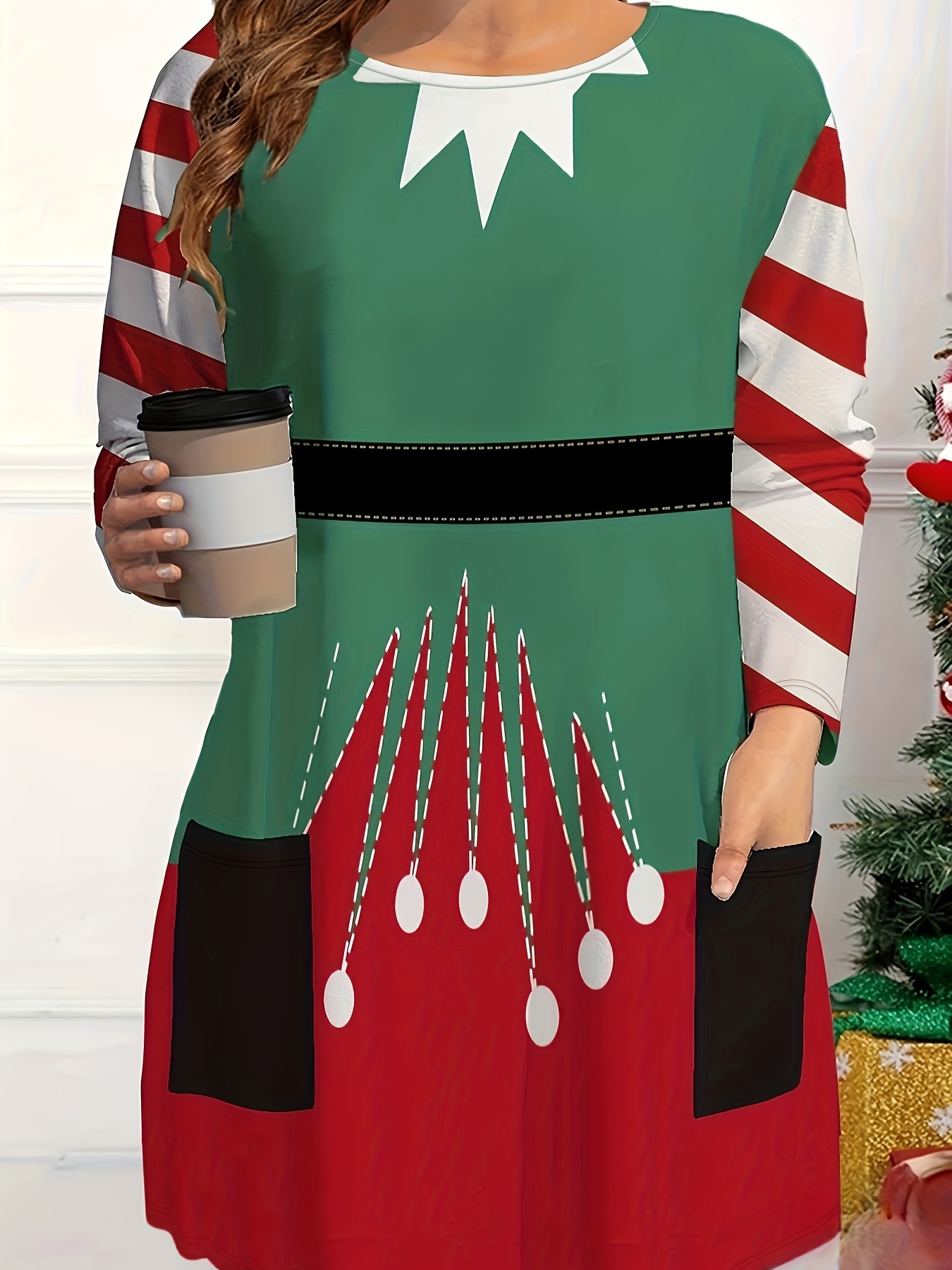 plus size christmas themed casual print round neck long - Temu