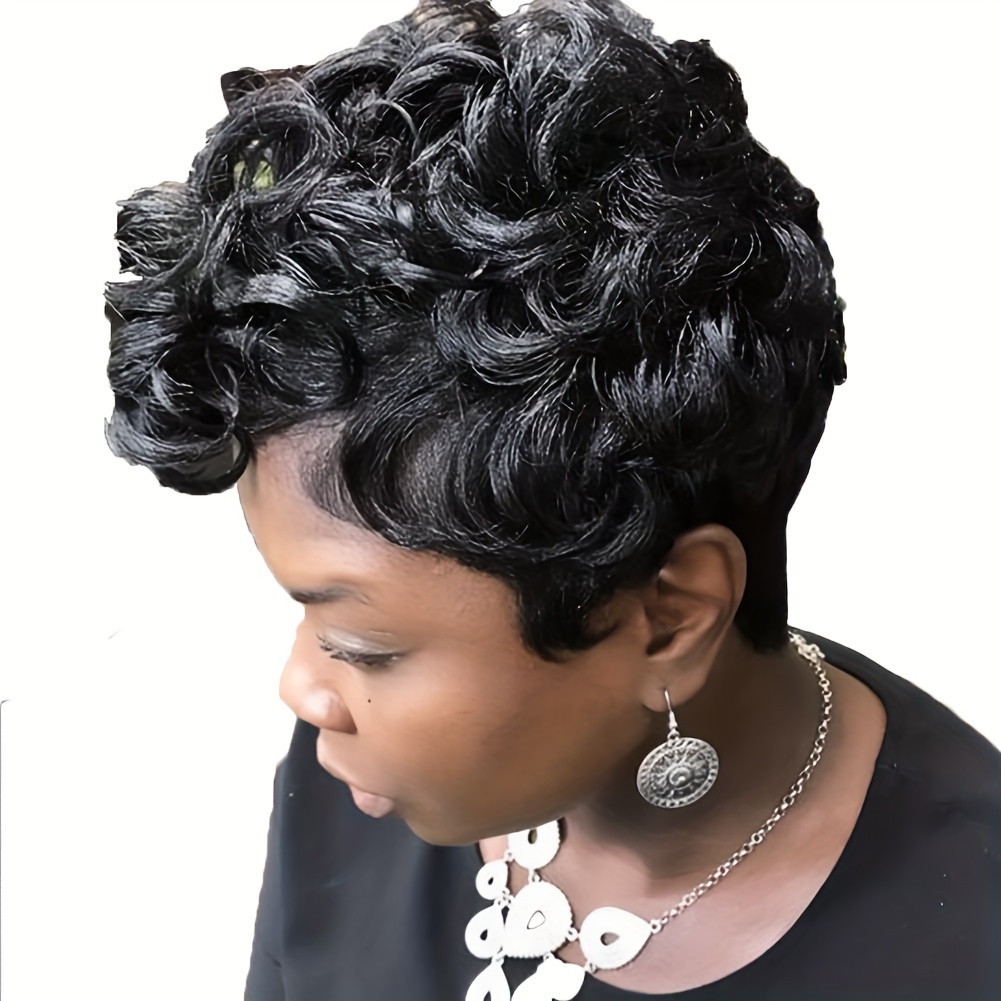 TEMU Natural Black Short Cut Wig For - Curly Curls With Layers & Bangs, 180% Density , Breathable Lightweight Synthetic For Afro Women, Short Hair Wig