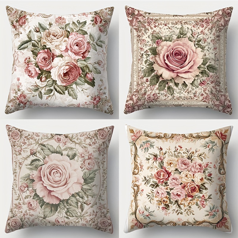 

4-pack Floral Throw Pillow Covers 17.72" - Contemporary Style, Hand Wash, Zippered, Woven Polyester, Decorative Cushion Cases For Living Room Sofa & Bedroom Decor - 100% Polyester (no Insert)